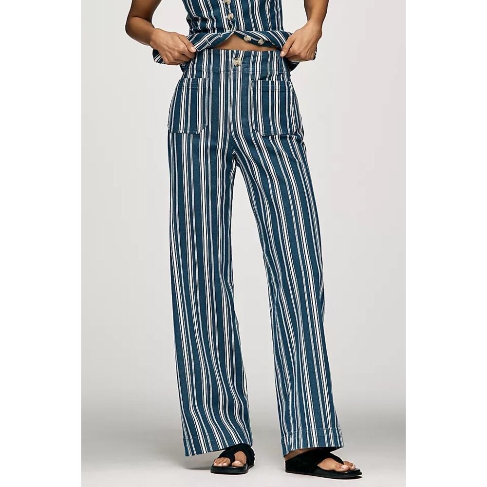 NWT COLETTE STRIPED FULL-LENGTH WIDE-LEG PANTS BY MAEVE navy and white size 25